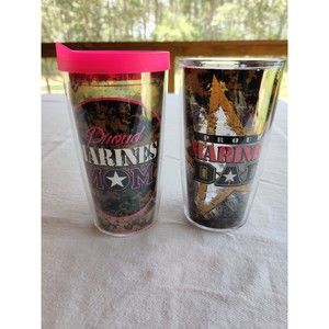 (2) 16 Ounce TERVIS Cups, "Proud Marines Mom" & "Proud Marines Dad" 1 Pink Lid